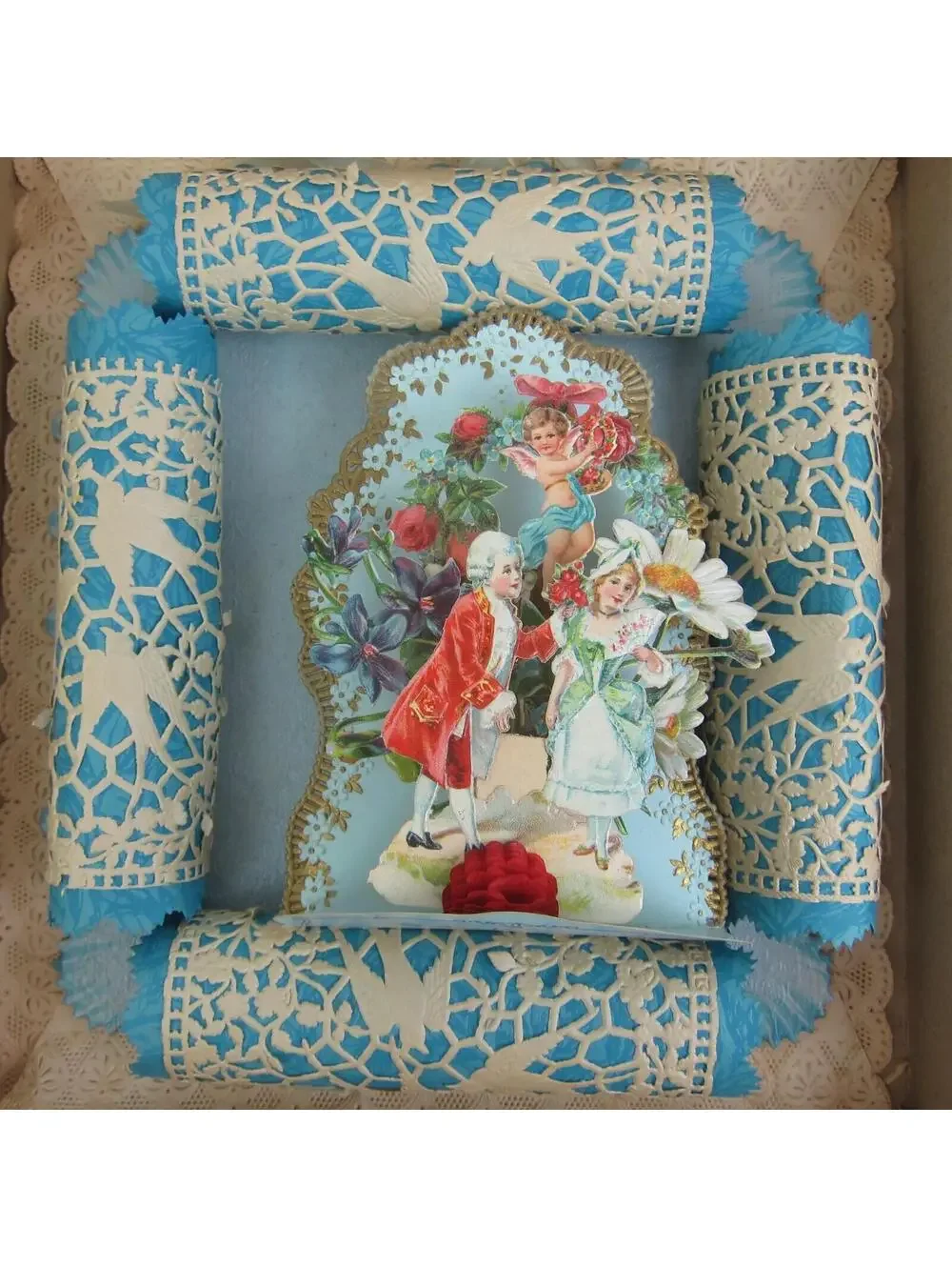Antique Valentine 3D LARGE Store Box Cupid Boy Girl Blue Flowers Honeycomb RARE